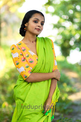 Pista Handloom Khadi Cotton Saree With Yellow Designer Print Blouse